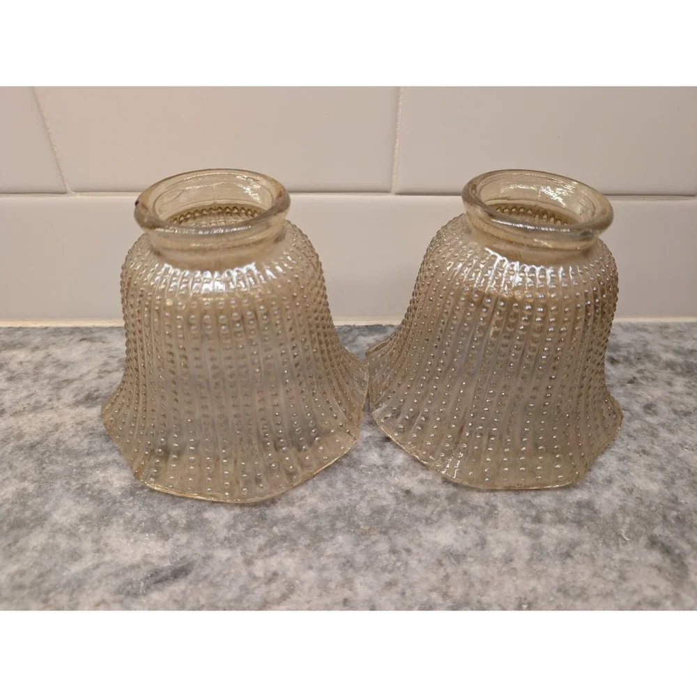 2 VINTAGE GOLD LUSTRE IRIDESCENT CARNIVAL GLASS LAMP LIGHT HOBNAIL SHADES 2